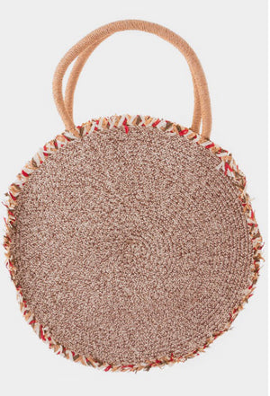 Raffia Trim Straw Round Shoulder Bag